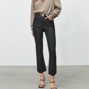 Zara Dreed Flare Raw Hem Cropped Faux Leather Waxed Denim Jeans Size US 14